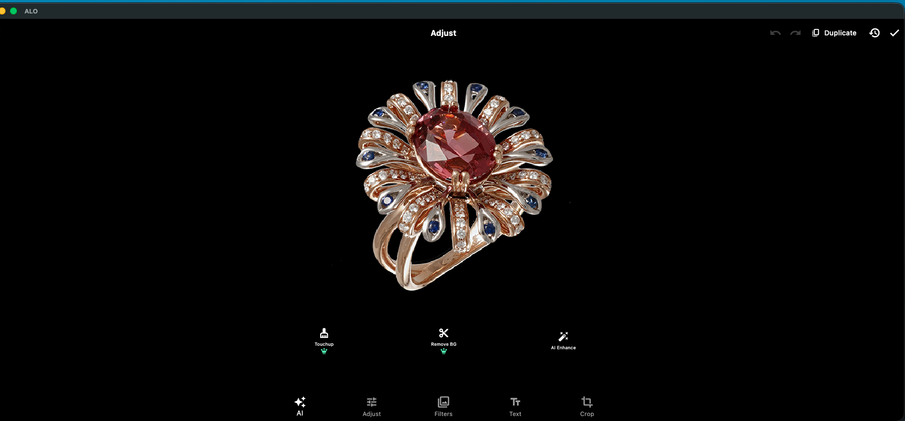 ALO App editor with a product image selected and the AI Enhance entry point available