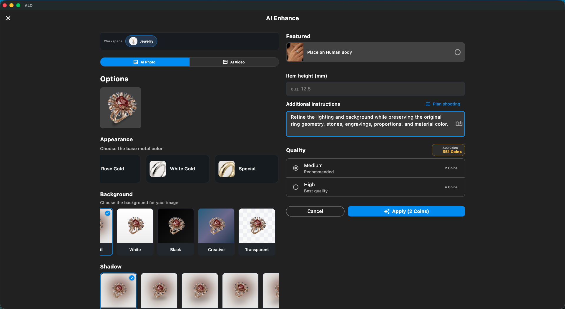 AI Enhance panel showing the prompt field together with the processing options and the ALO Coin cost for the selected quality
