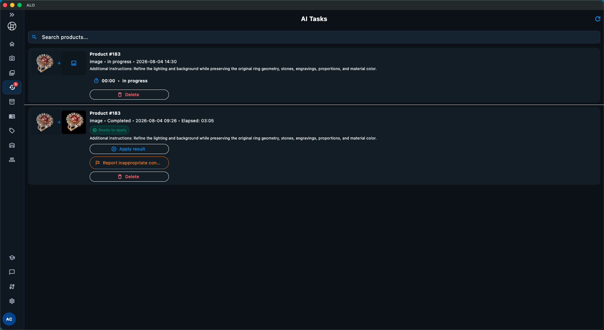 AI Tasks list with a job in progress