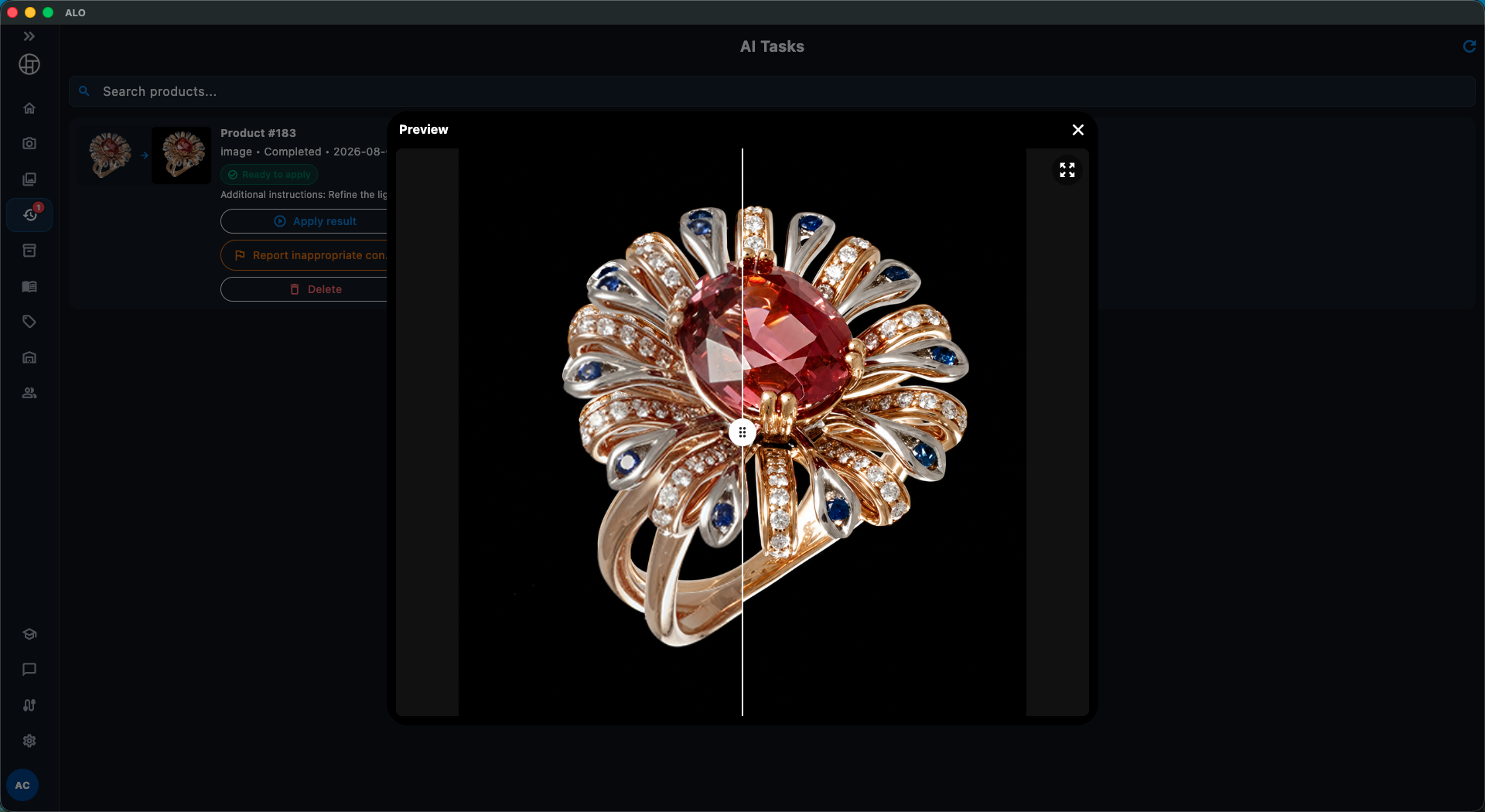 Before/after comparison view for a completed AI Enhance result
