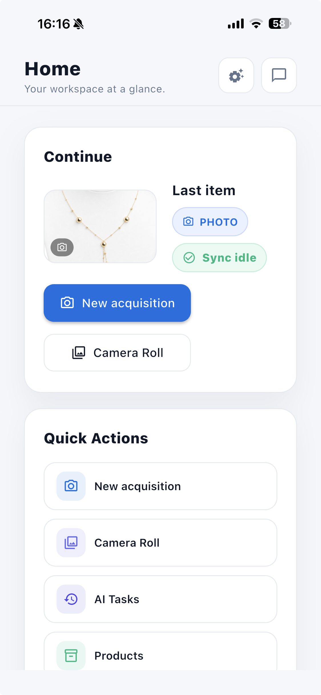 ALO App home screen showing a recent product photo and quick actions