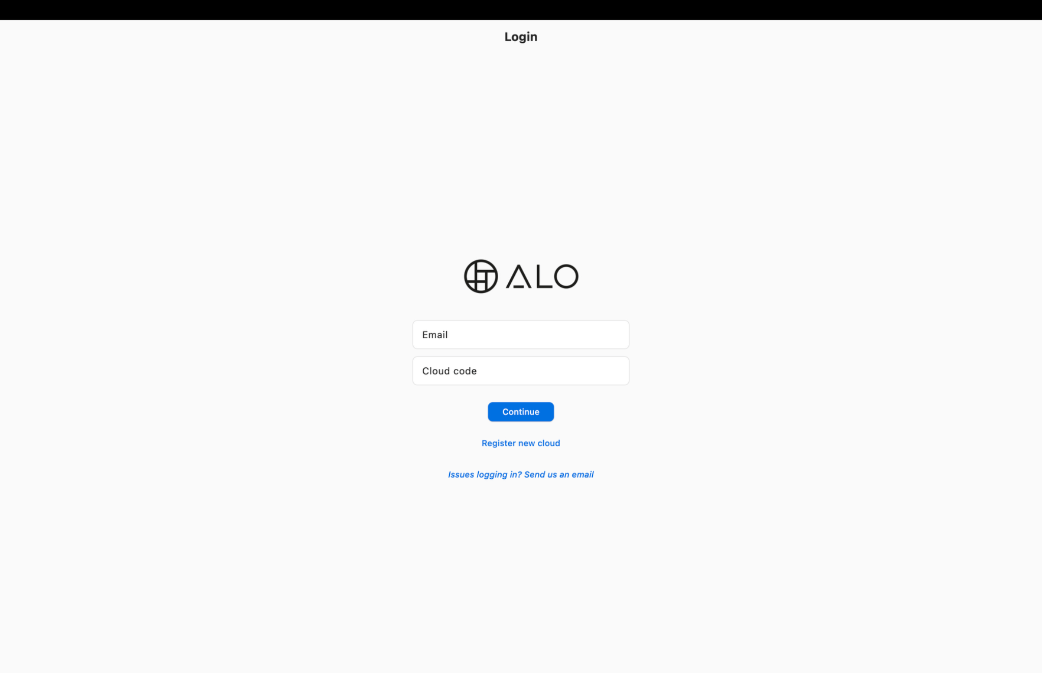 ALO App login screen with email and cloud code fields