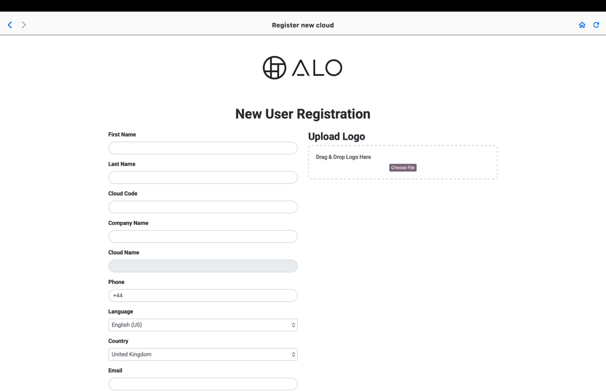 Registering a new ALO Cloud for a new account