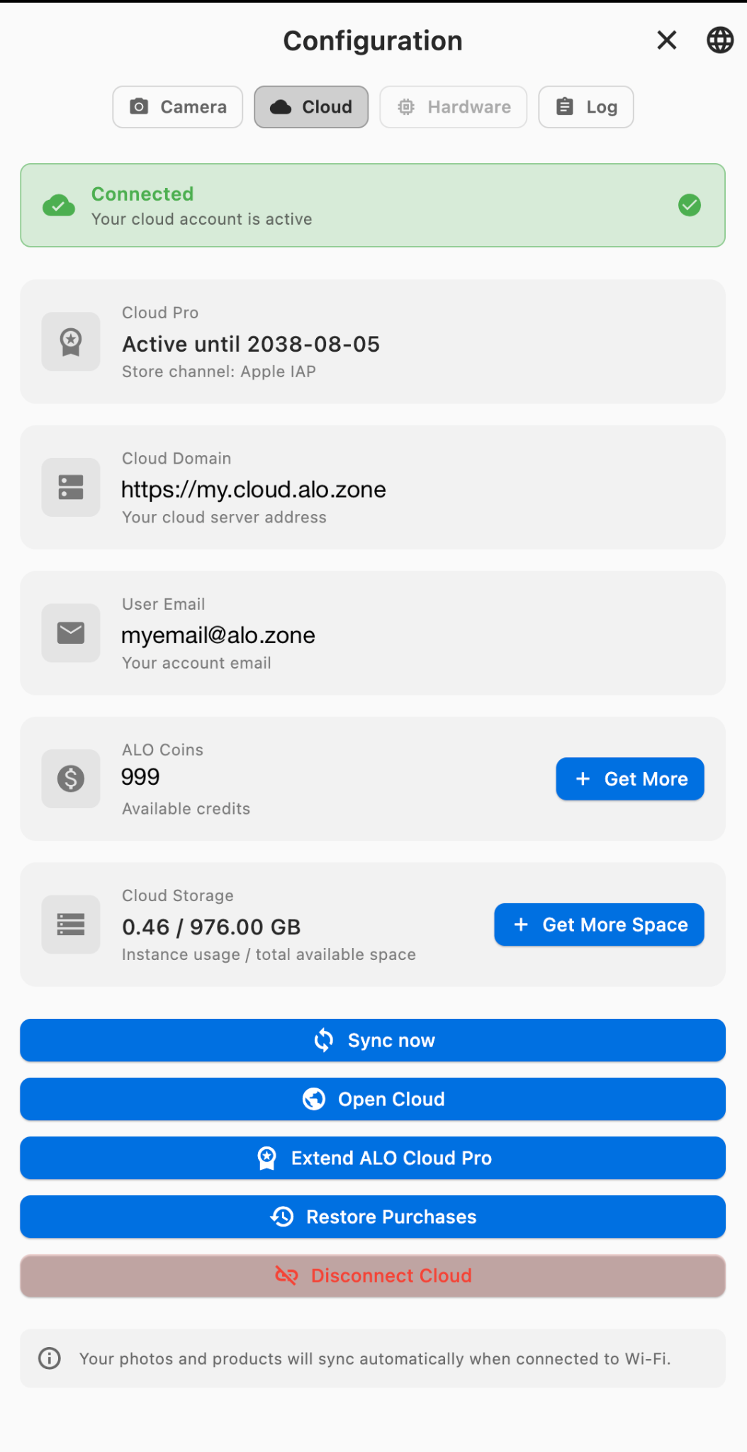 Configuration → Cloud screen showing Sync now, Cloud Pro, cloud domain, ALO Coins and storage controls